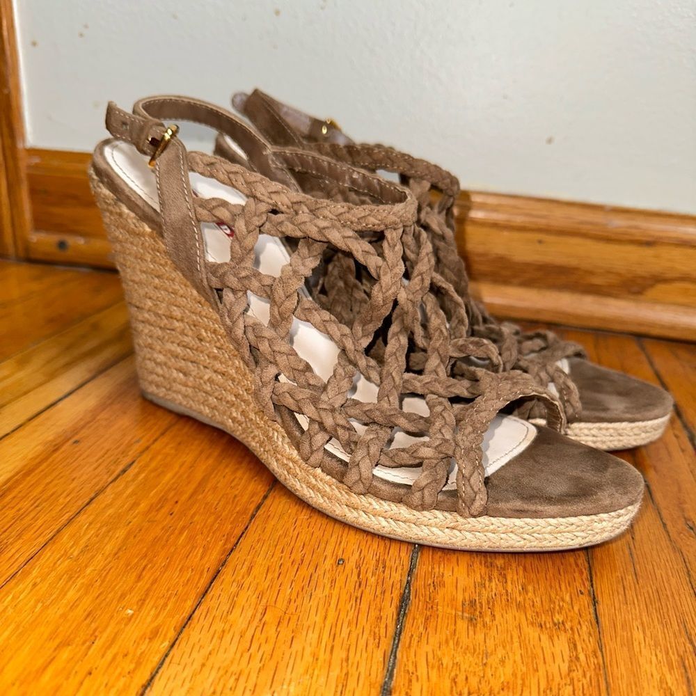 Prada wedges braised rope 100% leather suede beige tan woven Sandal size 9.5